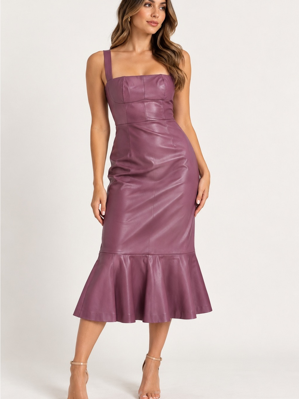 Hutch Mauve Faux-Leather Midi Dress with Ruffled Hem